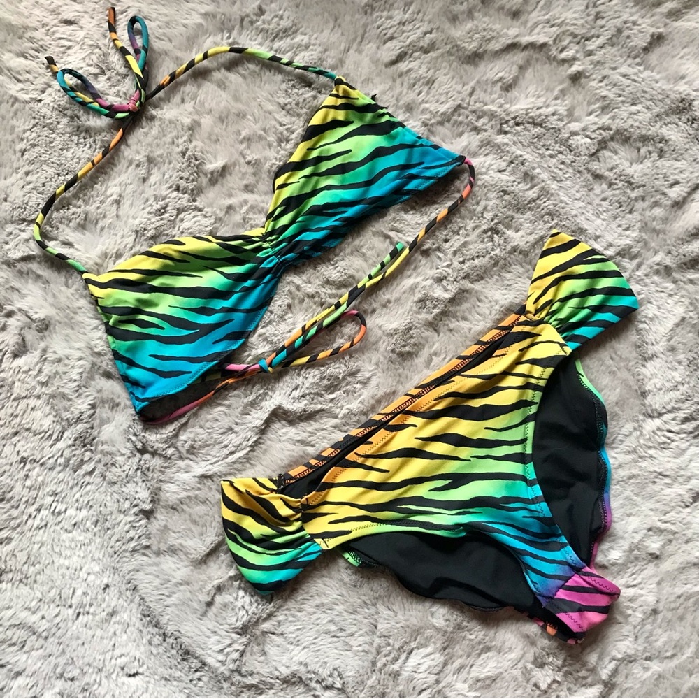 Rainbow zebra print Victoria’s Secret bikini medium top large bottoms
